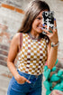 Brown Checkered Ribbed Trim Knit Sweater Vest